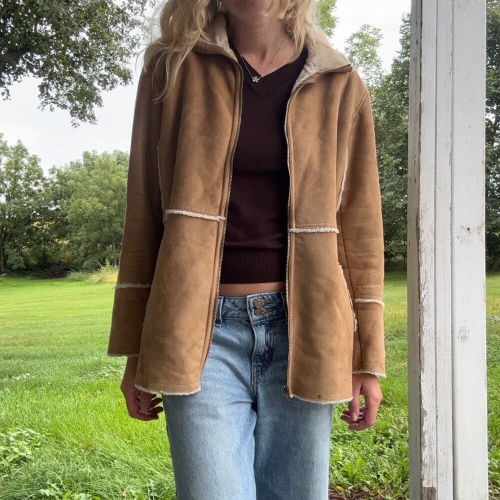 Vintage Y2K Route 66 Faux Suede Sherpa Jacket Coat Tan Size XL Western Boho Chic